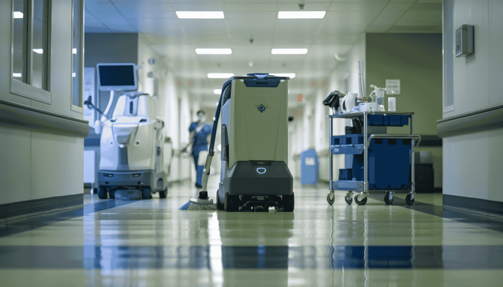 pristine hospital corridor with spotless floors, advanced cleaning robots in action